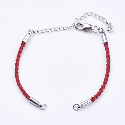 Rouge Fabrication de bracelet de cordon de coton tressé, laiton homard fermoirs griffe et les chaînes d'extension, avec strass, platine, rouge, 5-3/8 pouces ~ 5-1/2 pouces (13.5~14 cm), 3mm, Trou: 2mm