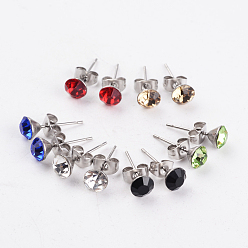 Mixed Color 304 Stainless Steel Grade A Rhinestone Ear Studs, Mixed Color, 17x6mm, Pin: 0.7mm
