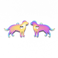 Rainbow Color Ion Plating(IP) 201 Stainless Steel Pet Pendants, Etched Metal Embellishments, Dog with Heart, Rainbow Color, 25x35x0.3mm, Hole: 1.8mm