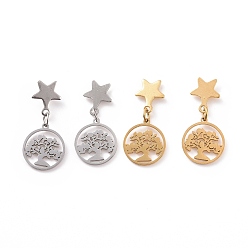 Mixed Color 304 Stainless Steel Star with Tree Dangle Stud Earrings for Women, Mixed Color, 25.5mm, Pin: 0.8mm