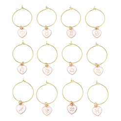 Pink 12Pcs Heart with Constellation Alloy Enamel Wine Glass Charms Sets, with Brass Hoop Earrings Findings, Golden, Pink, 45mm
