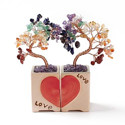 Mixed Stone 7 Chakra Natural Gemstone Chips and Ceram Pedestal Display Decorations, with Rose Gold Plated Brass Wires, Lucky Tree, 56x158x156mm