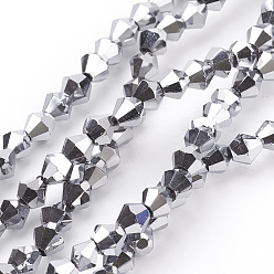 Silver Plated Electroplate Glass Beads Strands, Faceted, Bicone, Silver Plated, 4x4mm, Hole: 1mm, about 92~96pcs/strand, 13.78~14.37 inch