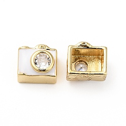 Real 18K Gold Plated Rack Plating Brass Clear Micro Pave Cubic Zirconia Beads, with White Enamel, Cadmium Free & Lead Free, Camera, Real 18K Gold Plated, 8.5x10x7.5mm, Hole: 1.7mm