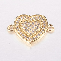 Golden Brass Micro Pave Cubic Zirconia Links, Clear, Heart, Golden, 12.5x17x2mm, Hole: 1mm