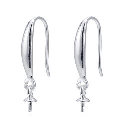 Silver 925 Sterling Silver Earring Hooks, with Cup Pearl Bail Pin, Silver, 20~21mm, Bail Pin: 6x3mm, 20 Gauge, Pin: 0.8mm