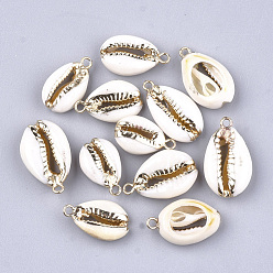 Golden Electroplate Cowrie Shell Pendants, with Iron Findings, Golden, Golden, 18~24x10~14x6~7mm, Hole: 1.5mm