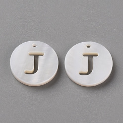 Letter J Natural Freshwater Shell Pendants, Flat Round with Letter, Letter.J, 12x1.5mm, Hole: 1mm