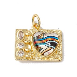 Colorful Brass Micro Pave Clear Cubic Zirconia Pendants, Rectangle with Heart Charm, with Eye Resin and Jump Rings, Lead Free & Cadmium Free, Real 18K Gold Plated, Colorful, 16x18.5x4.5mm, Hole: 4mm
