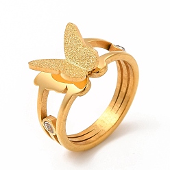 Настоящее золото 18K Ионное покрытие (ip) 304 кольца из нержавеющей стали со стразами, текстурированные кольца в виде бабочки для женщин с широкой полосой, реальный 18 k позолоченный, размер США 6 3/4 (17.1 мм), 4~11 мм
