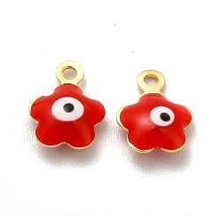 Red 304 Stainless Steel Enamel Charms, Flower with Evil Eye Charm, Golden, Red, 8.5x6.5x2.5mm, Hole: 1mm