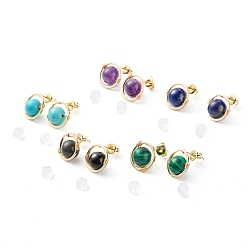 Mixed Stone Mixed Gemstone Round Beads Stud Earrings for Girl Women, Wire Wrap Brass Earring, Golden, 12.5x12mm, Pin: 0.7mm