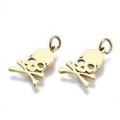 Real 14K Gold Plated 304 Stainless Steel Charms, with Jump Rings, Laser Cut, Skull, for Halloween, Real 14K Gold Plated, 13x9.5x1mm, Jump Ring: 3.8x0.6mm, 2.6mm inner diameter