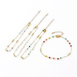 Mixed Color Faceted Glass Beaded Anklets, with Brass Beads and Lobster Claw Clasps, Round, Real 18K Gold Plated, Mixed Color, 9-7/8 inch(25.1cm)