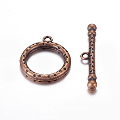 Red Copper Tibetan Style Toggle Clasps, Lead Free, Cadmium Free and Nickel Free, Red Copper Color, Ring: 26x21mm, Hole: 2mm, Bar: 37mm, Hole: 2mm