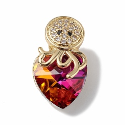 Deep Pink Real 18K Gold Plated Rack Plating Brass Micro Pave Cubic Zirconia Pendants, with Glass, Long-Lasting Plated, Cadmium Free & Lead Free, Octopus & Heart, Deep Pink, 20x11.5x10mm, Hole: 4x4mm