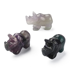 Fluorine Figurines de rhinocéros de guérison sculptées en fluorite naturelle, statues de pierres de reiki pour la thérapie de méditation équilibrant l'énergie, 52~58x21.5~24x35~37mm