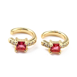 Red Brass Micro Pave Cubic Zirconia Cuff Earrings, Real 18K Gold Plated, Ring, Red, 13x2.5mm