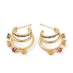 Colorful Cubic Zirconia C-Shaped Stud Earrings, Real 18K Gold Plated Brass Chunky Half Hoop Earrings for Women, Cadmium Free & Nickel Free & Lead Free, Colorful, 19x18x6mm, Pin: 0.8mm