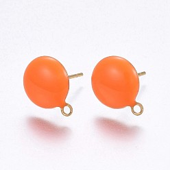 Orange Placage ionique (ip) 304 conclusions de boucles d'oreilles en acier inoxydable, avec boucle, émail, plat rond, or, orange, 12.5x10x2mm, Trou: 1.2mm, pin: 0.8 mm, Sac 100pc /