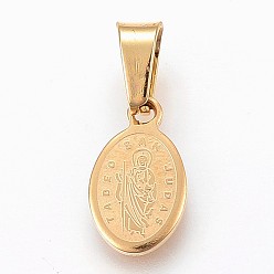 Golden 304 Stainless Steel Religion Pendants, Oval with Saint Jude, Golden, 13.5x8x1.2mm, Hole: 4x7mm