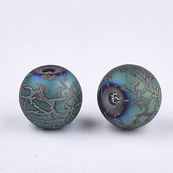 Cadet Blue Electroplate Glass Beads, Frosted, Round with Pattern, Cadet Blue, 8~8.5mm, Hole: 1.5mm