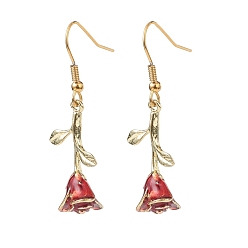 Brique Rouge Boucles d'oreilles pendantes rose de vie en émail, plaqué or 304 bijoux en acier inoxydable pour femmes, firebrick, 44mm, pin: 0.8 mm