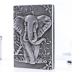 Argent Antique 3d pu cahier en cuir, avec du papier à l'intérieur, rectangle avec motif éléphant, pour fournitures de bureau scolaire, argent antique, 215x145mm