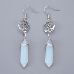 Opalite Pointed Bullet Opalite Dangle Earrings, with Brass Earring Hooks and Flat Round with Aum/Om Symbol Links, Yoga Theme, Platinum, 78mm, Pin: 0.7mm