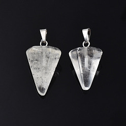 Quartz Crystal Cone/Spike/Pendulum Natural Quartz Crystal Pendants, Rock Crystal, with Platinum Plated Iron Findings, 25~27x14x14mm, Hole: 6x3mm