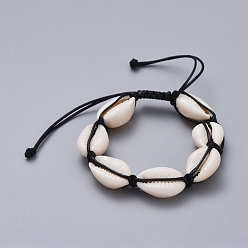 Black Natural Cowrie Shell Braided Beads Bracelets, with Korean Waxed Polyester Cord, Black, 2-1/4 inch~3-3/4 inch(5.8~9.5cm)