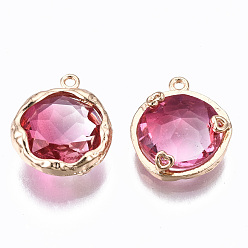 Hot Pink Two-Tone Faceted Glass Charms, with Brass Prong Settings, Flat Round, Light Gold, Hot Pink, 14x12x4.5mm, Hole: 1mm