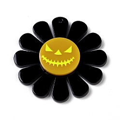 Black Printed  Acrylic Pendants, for Halloween, Sunflower with Pumpkin Charm, Black, 39.5x4.5mm, Hole: 1.6mm