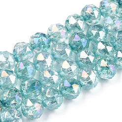 Turquoise Transparentes perles de verre de galvanoplastie brins, de couleur plaquée ab , facette, ronde, turquoise, 8x7.5mm, Trou: 1.8mm, Environ 50 pcs/chapelet, 14.96'' (38 cm)