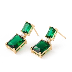 Dark Green Real 18K Gold Plated Cubic Zirconia Rectangle Dangle Stud Earrings, Brass Jewelry for Women, Lead Free & Cadmium Free, Dark Green, 22mm, Pin: 0.8mm