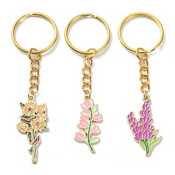 Mixed Color Alloy Enamel Flower Pendant Keychains, with Iron Keychain Ring, Golden, Mixed Color, 83~85mm, 3pcs/set