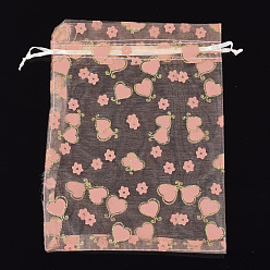 Light Salmon Printed Organza Bags, Gift Bags, with Glitter Powder, Rectangle with Heart, Light Salmon, 19~20.5x13.5~14cm