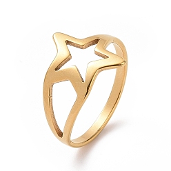 Golden Ion Plating(IP) 201 Stainless Steel Star Finger Ring, Hollow Wide Ring for Women, Golden, US Size 6 1/2(16.9mm)