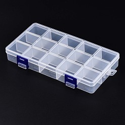 Clear Polypropylene(PP) Bead Storage Containers, 15 Compartments Organizer Boxes, with Hinged Lid, Rectangle, Clear, 21.7x11x3cm, compartment: 3.4x4.1cm