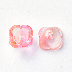 Pink 4-Petal Transparent Spray Painted Glass Bead Caps, with Glitter Powder, Flower, Pink, 11.5x11.5x7mm, Hole: 1.6mm