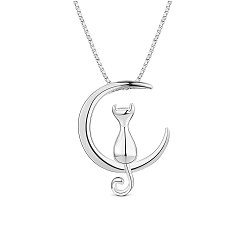 Platinum SHEGRACE Lovely Rhodium Plated 925 Sterling Silver Necklace, with Kitten in the Moon Pendant, Platinum, 15.7 inch