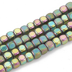 Arco Iris Chapado Electroplate no magnéticas de hematita sintética hebras de cuentas, estilo medio mate, cubo, arco iris chapado, 3x3x3 mm, agujero: 0.8 mm, sobre 140 unidades / cadena, 15.7 pulgada