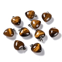 Tiger Eye Natural Tiger Eye Pendants, with Platinum Brass Loops, Heart, 18~19x15~15.5x6~8mm, Hole: 6x2.5~3mm