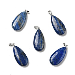 Lapis Lazuli Naturelles lapis-lazuli pendentifs, avec les accessoires en laiton de tonalité de platine, larme, 33x15x7~7.5mm, Trou: 5x3.5mm