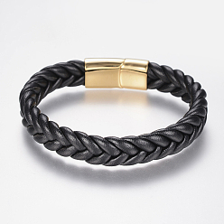 Golden Braided Leather Cord Bracelets, with 304 Stainless Steel Findings and Magnetic Clasps, Golden, 8-5/8 inch(220mm), 29x14x8mm
