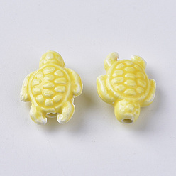 Yellow Handmade Porcelain Beads, Bright Glazed Porcelain Style, Tortoise, Yellow, 19x15x8.5mm, Hole: 2mm