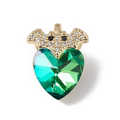 Medium Sea Green Real 18K Gold Plated Rack Plating Brass Micro Pave Clear Cubic Zirconia Pendants, with Glass, Long-Lasting Plated, Cadmium Free & Lead Free, Bat with Heart Charm, Medium Sea Green, 18x14x9.5mm, Hole: 5x3mm
