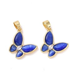 Medium Blue Butterfly Brass Micro Pave Clear Cubic Zirconia  Pendants, with Cat Eye, Cadmium Free & Lead Free, Real 18K Gold Plated, Medium Blue, 21x19x4mm, Hole: 3.3x4.3mm