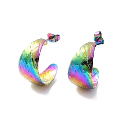 Rainbow Color Placage ionique (ip) 304 Boucles d'oreilles en forme de C en acier inoxydable, boucles d'oreilles demi-créoles pour femmes, couleur arc en ciel, 22x12x0.5mm, pin: 0.7 mm