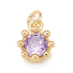 Lilac Brass Inlaid Clear Cubic Zirconia Charms, Real 18K Gold Plated, Lead Free & Cadmium Free, Crown, Lilac, 11.5x9.5x6mm, Hole: 3mm